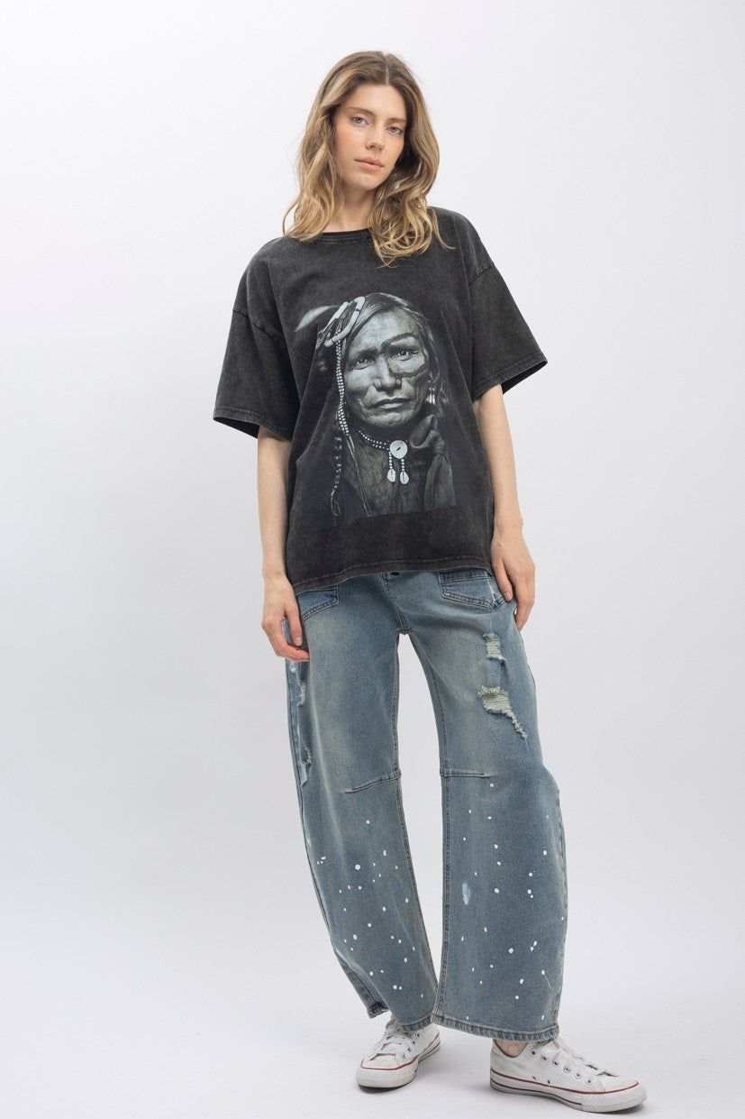 Indian Chief Print Washed T-Shirt