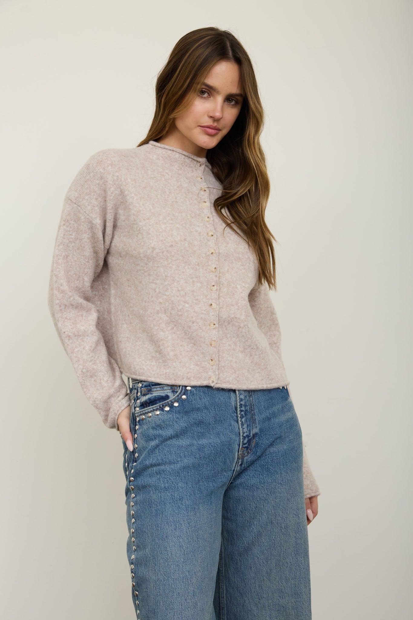 Raw Edge Mock Neck Cardigan