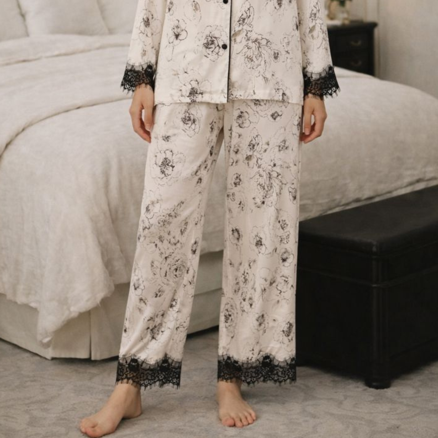 Ink Floral Viscose Pajama Set with Lace Trim