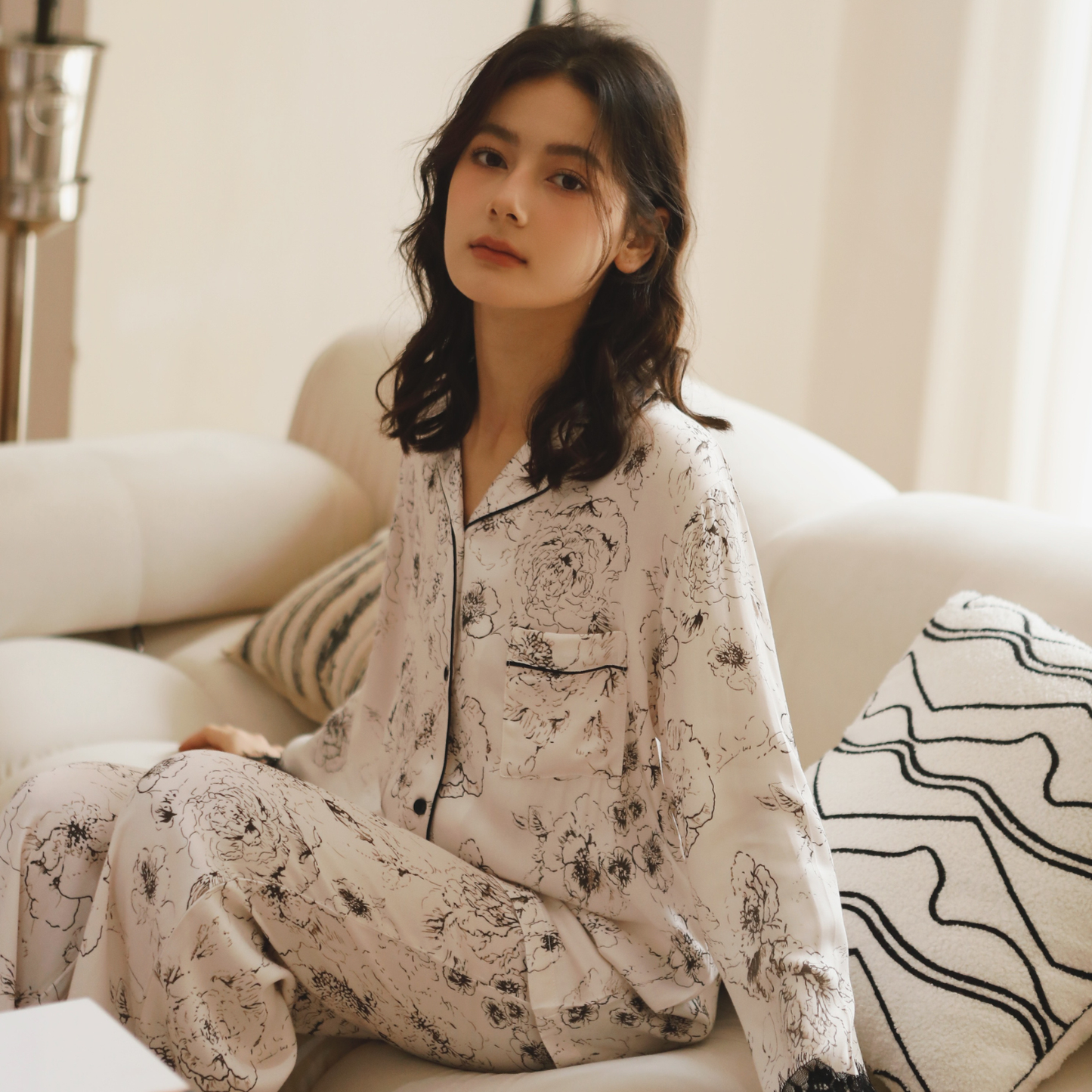 Ink Floral Viscose Pajama Set with Lace Trim