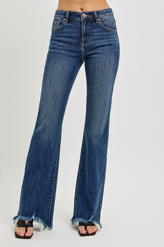 Mid Rise Flare Frayed Hem Jeans