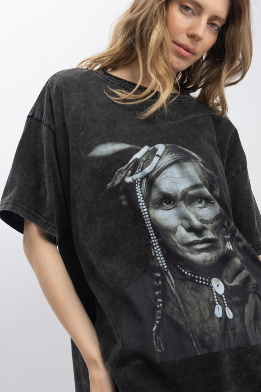Indian Chief Print Washed T-Shirt