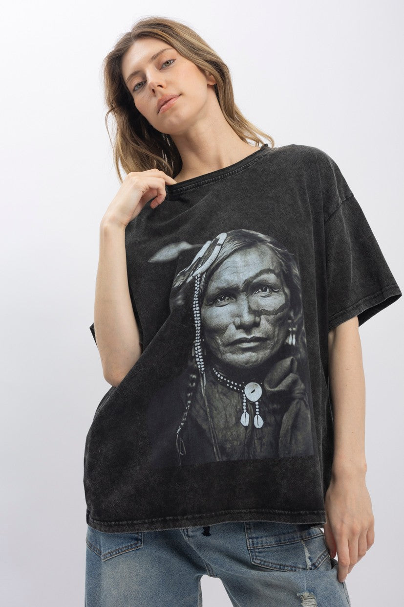 Indian Chief Print Washed T-Shirt