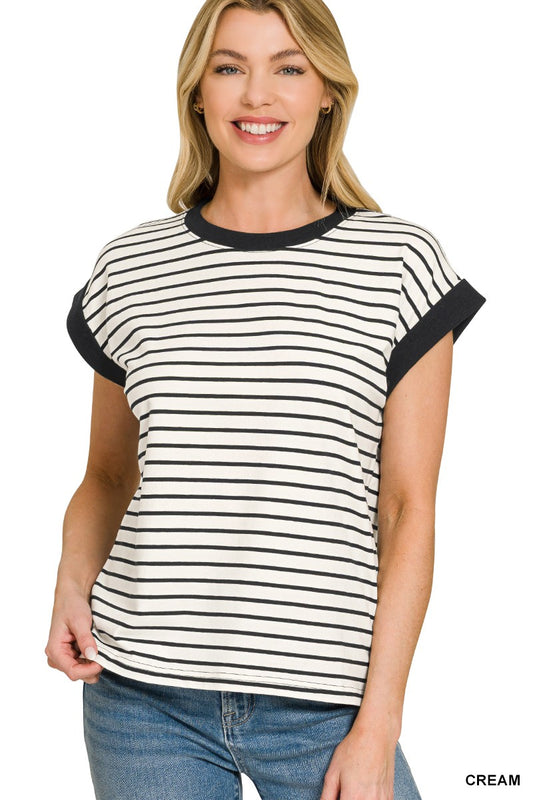 Contrast Trim Striped Tee