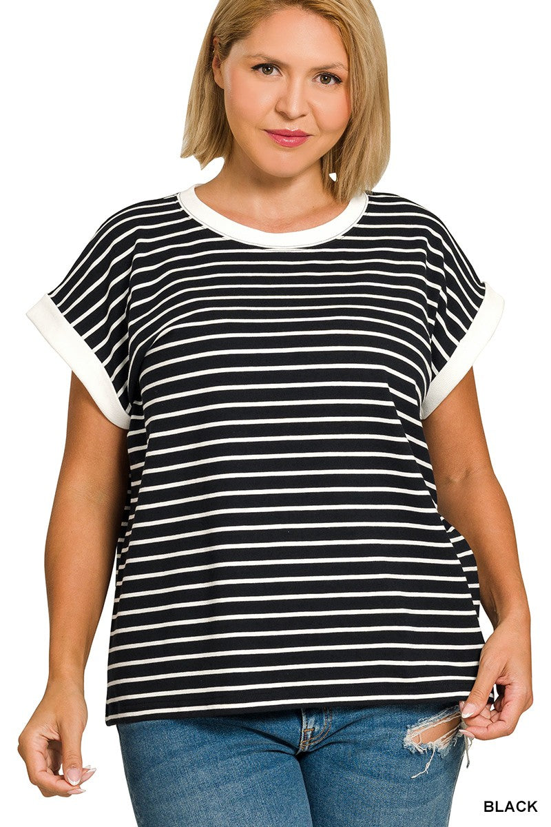 Contrast Trim Striped Tee
