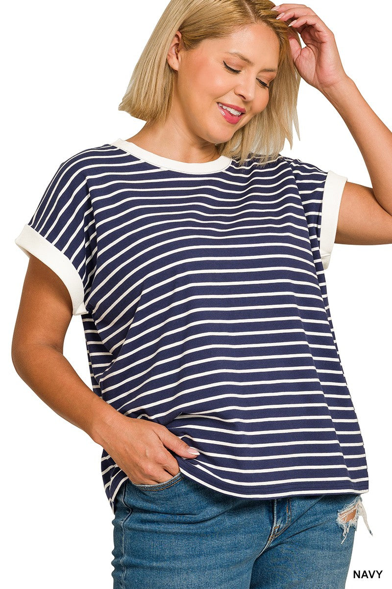 Contrast Trim Striped Tee