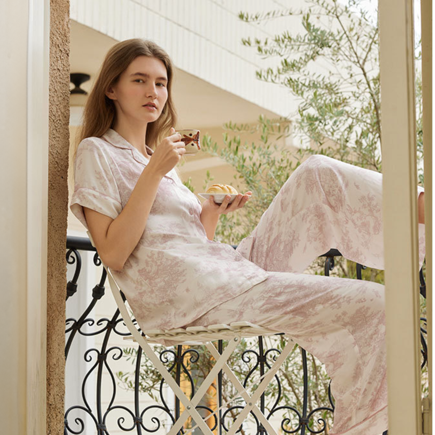 Pink Toile Viscose Pajama Set – Summer Sleepwear