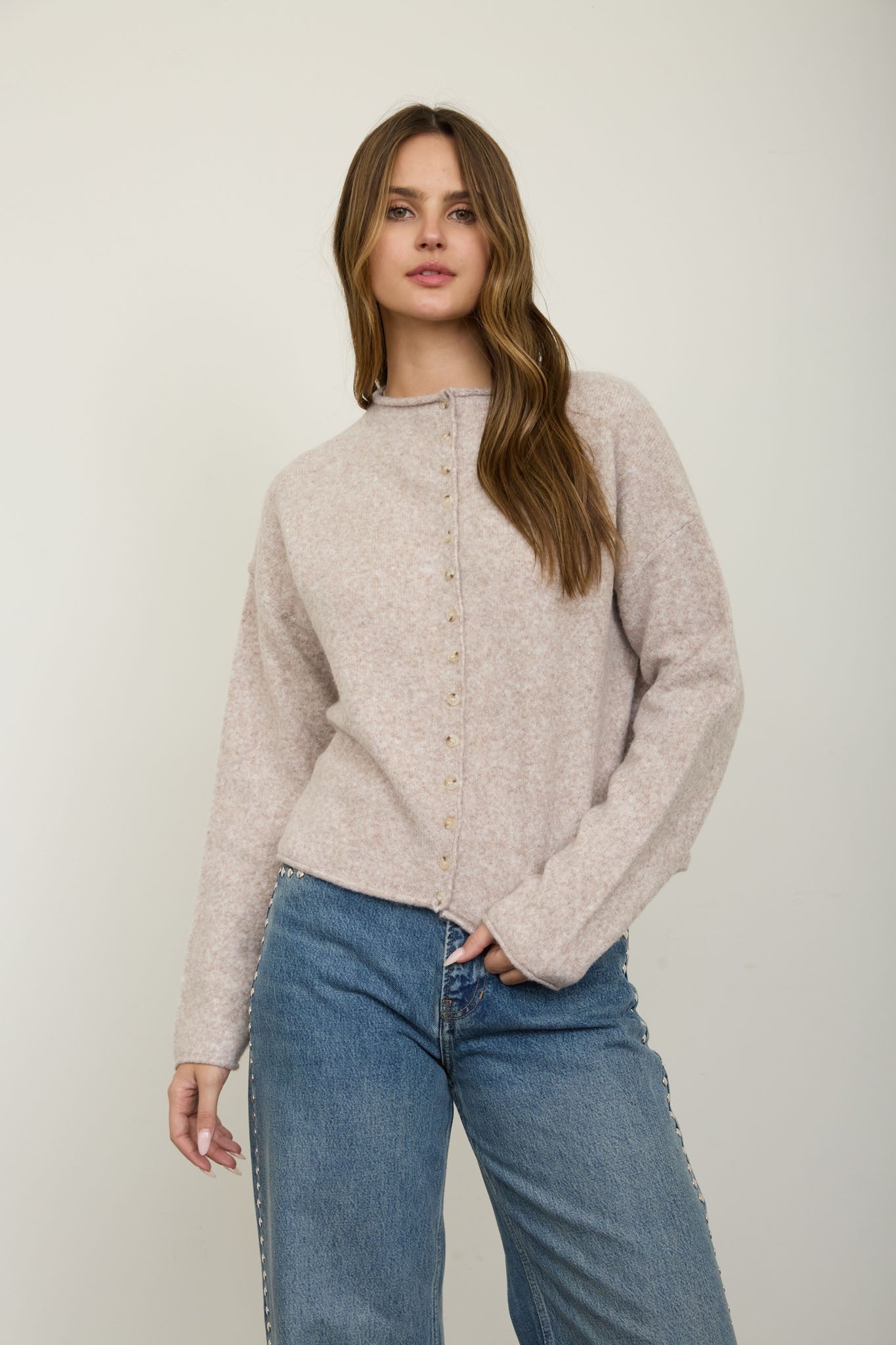 Raw Edge Mock Neck Cardigan