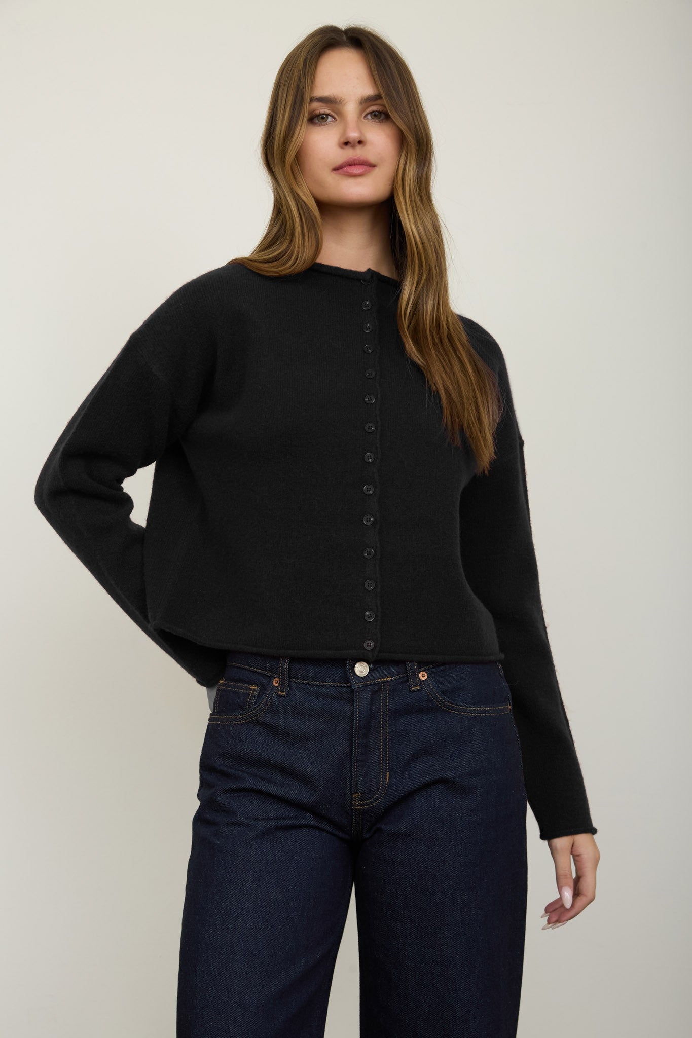 Raw Edge Mock Neck Cardigan