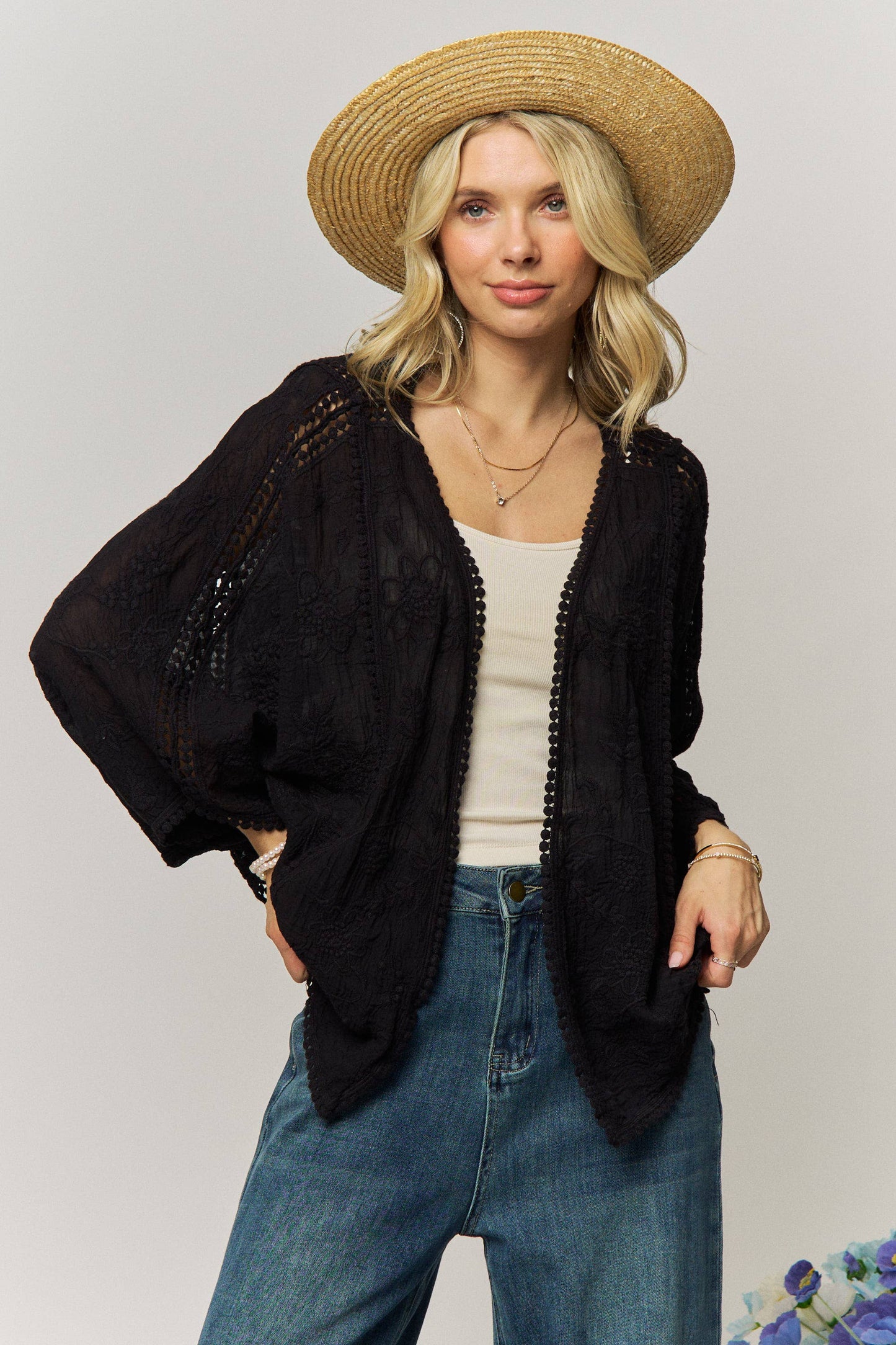 FLORAL EMBROIDERY HEM KIMONO CARDIGAN- LEJ4284