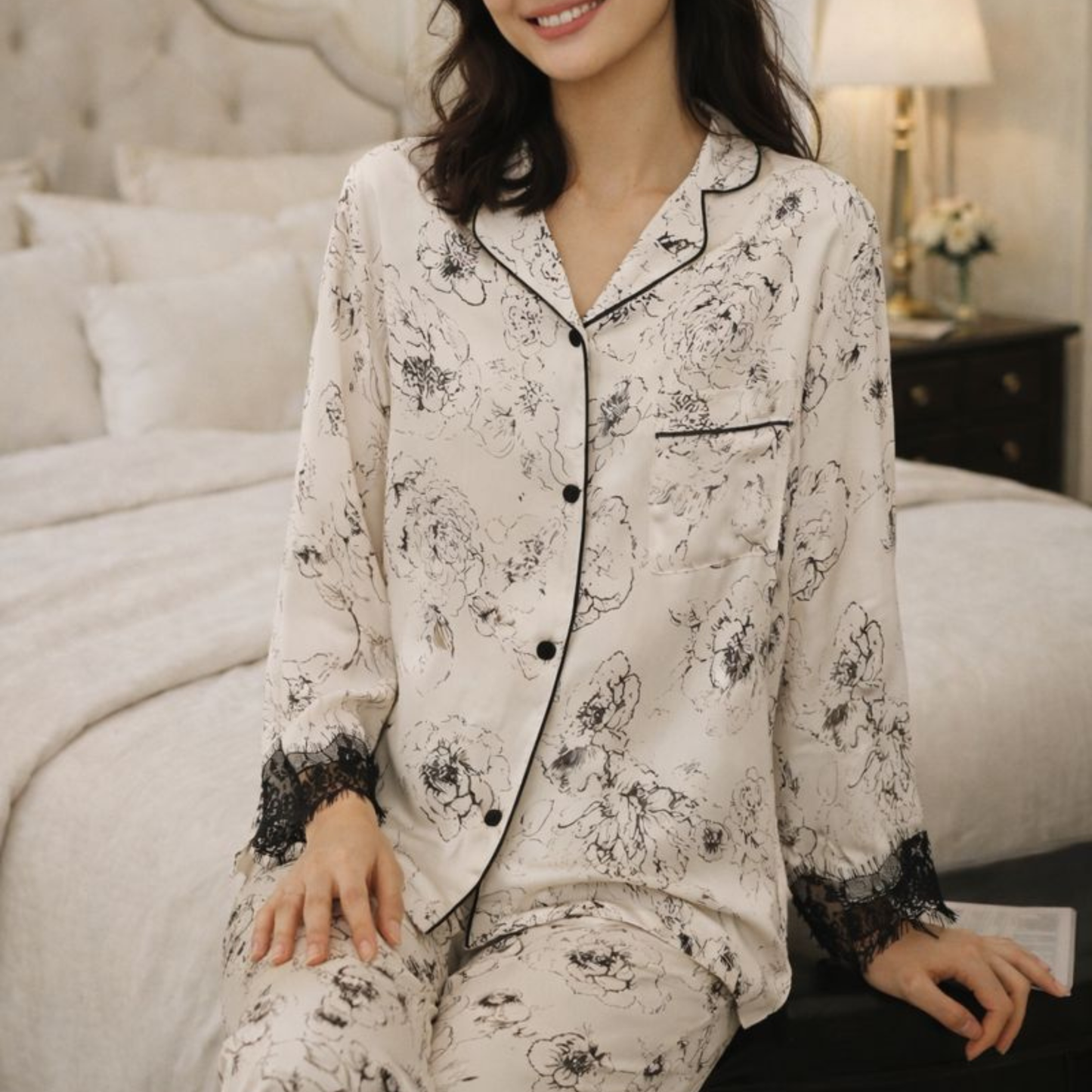 Ink Floral Viscose Pajama Set with Lace Trim