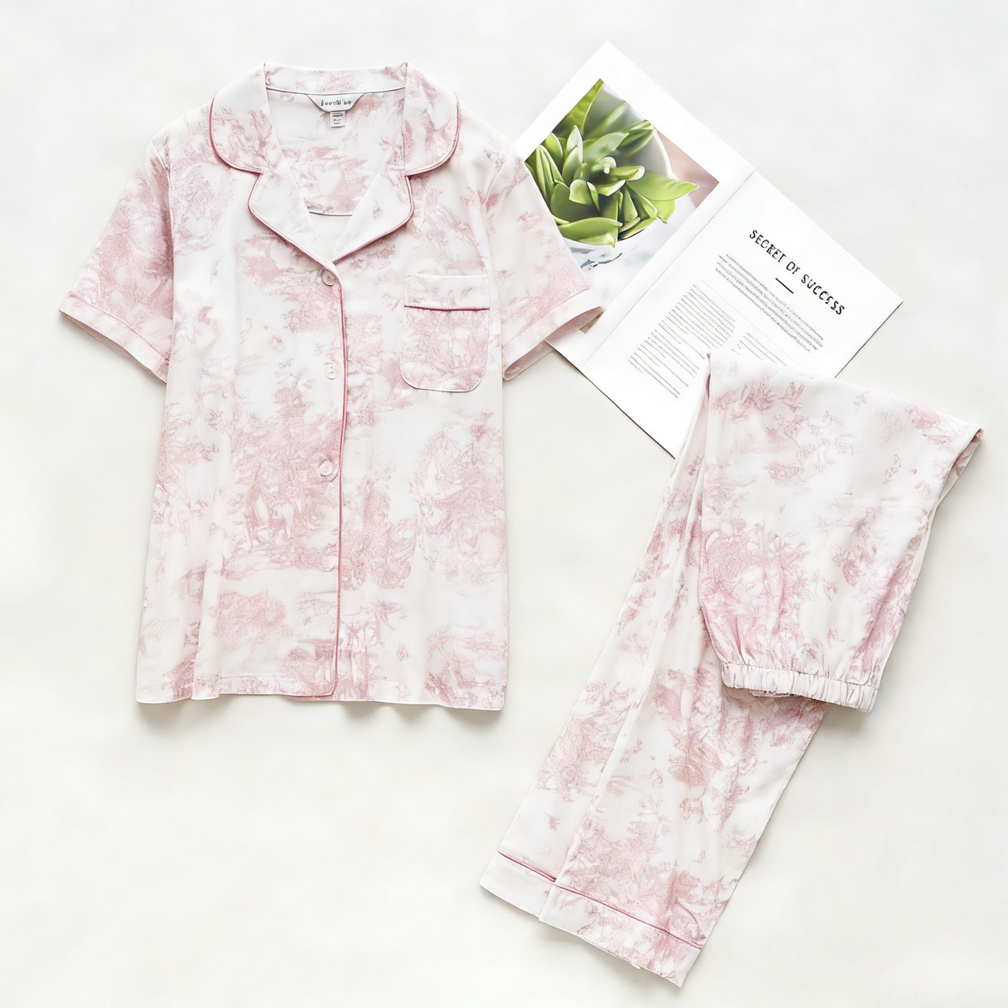 Pink Toile Viscose Pajama Set – Summer Sleepwear