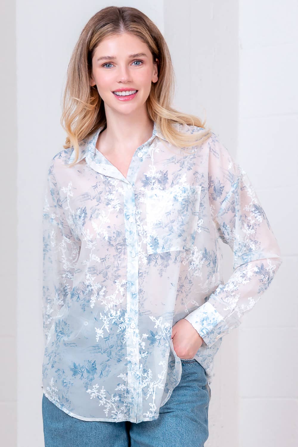 Misty Blue Sheer Button Down