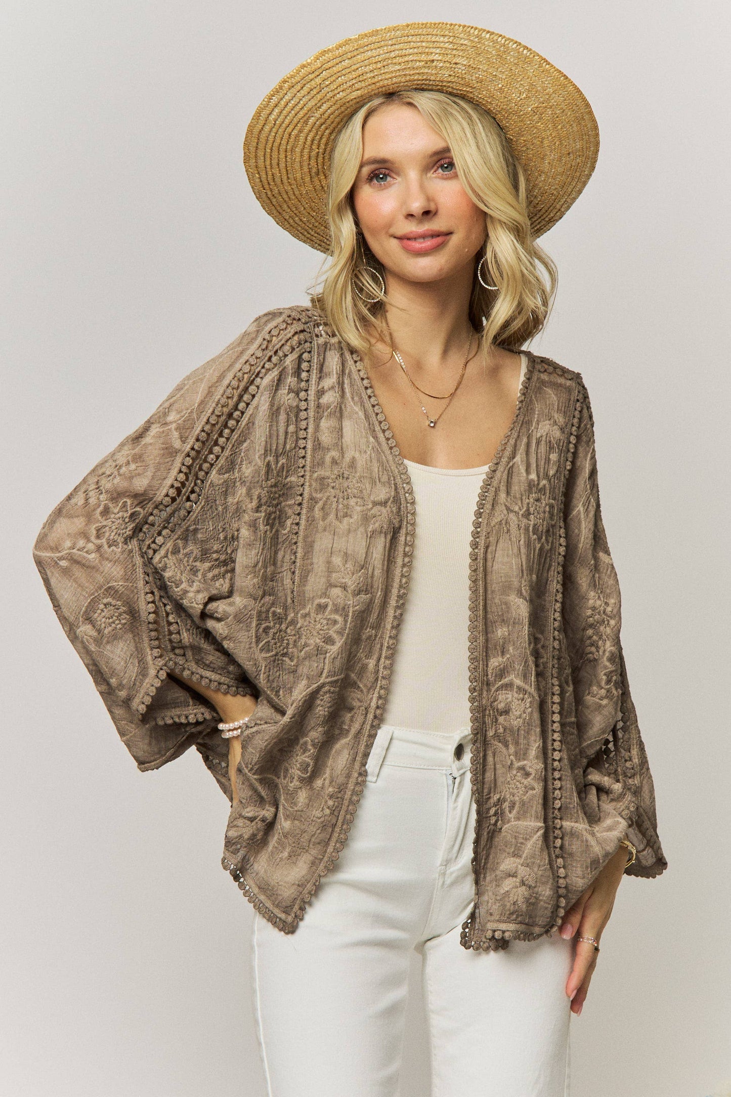 FLORAL EMBROIDERY HEM KIMONO CARDIGAN- LEJ4284