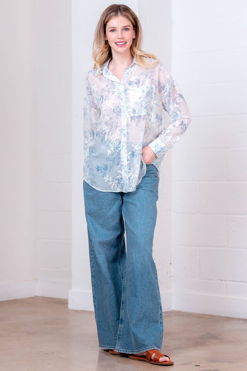 Misty Blue Sheer Button Down