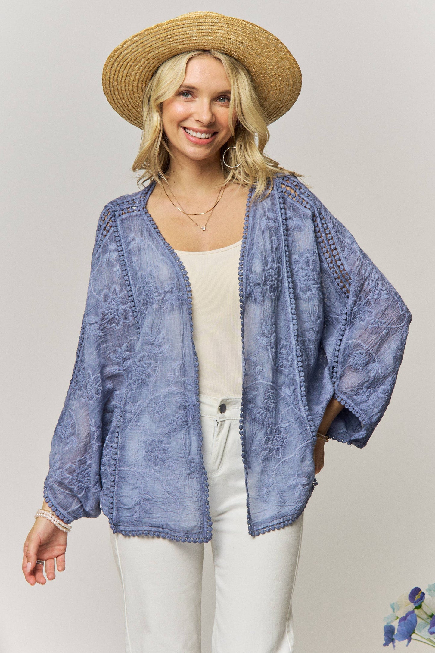 FLORAL EMBROIDERY HEM KIMONO CARDIGAN- LEJ4284
