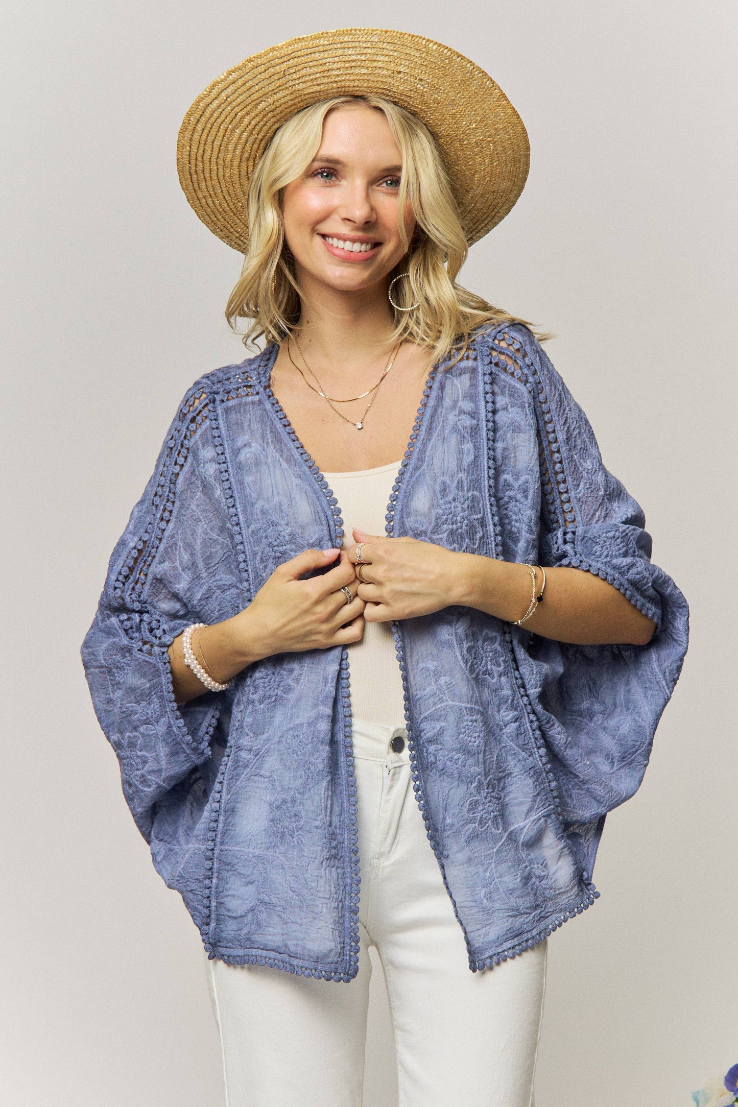 FLORAL EMBROIDERY HEM KIMONO CARDIGAN- LEJ4284