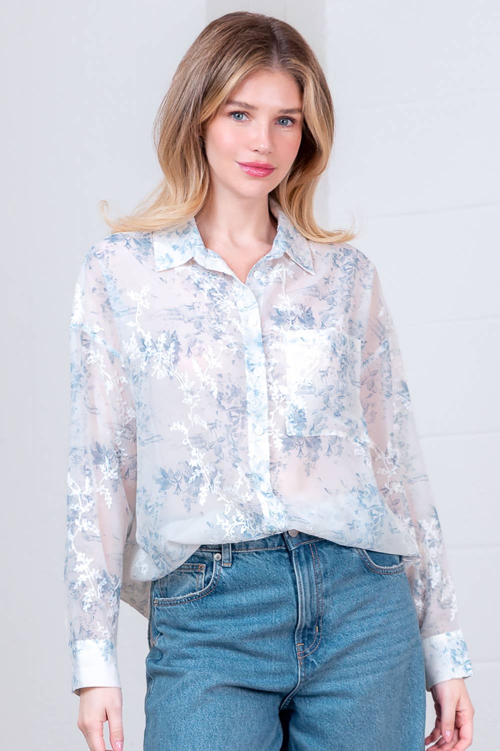 Misty Blue Sheer Button Down