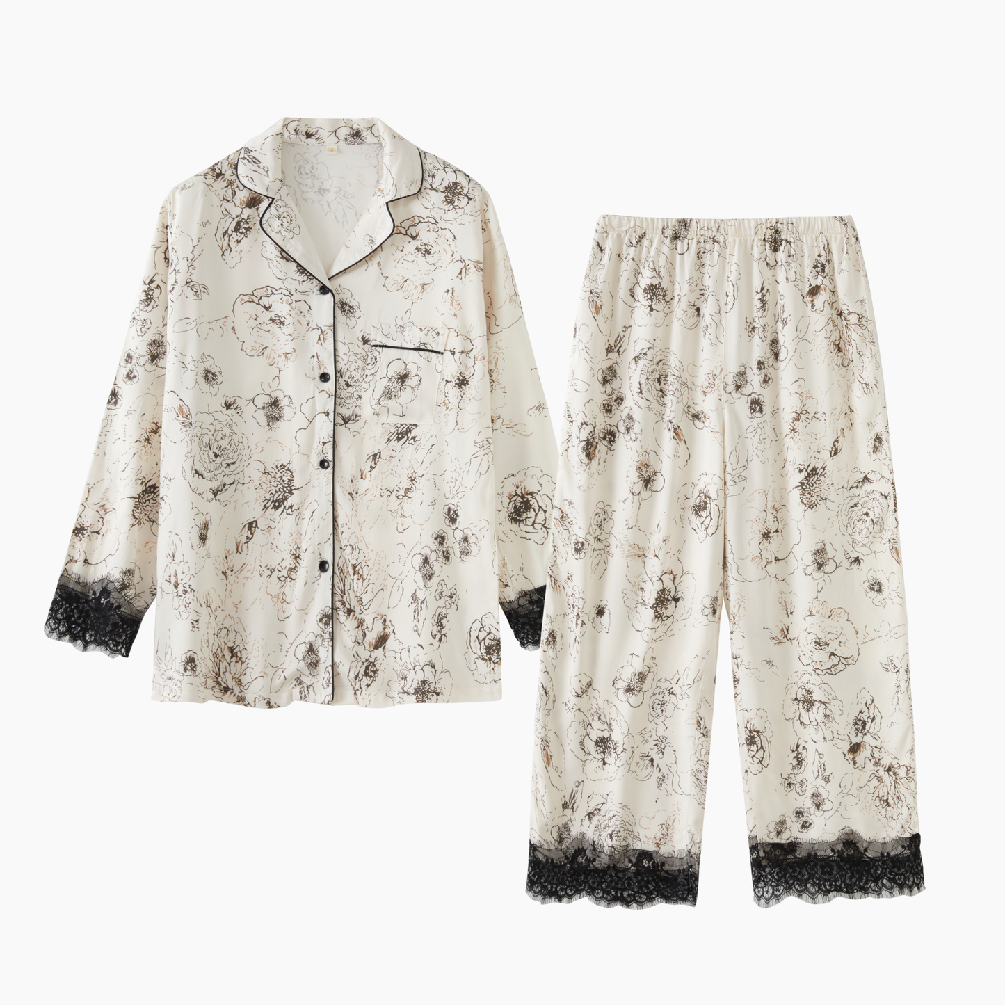 Ink Floral Viscose Pajama Set with Lace Trim