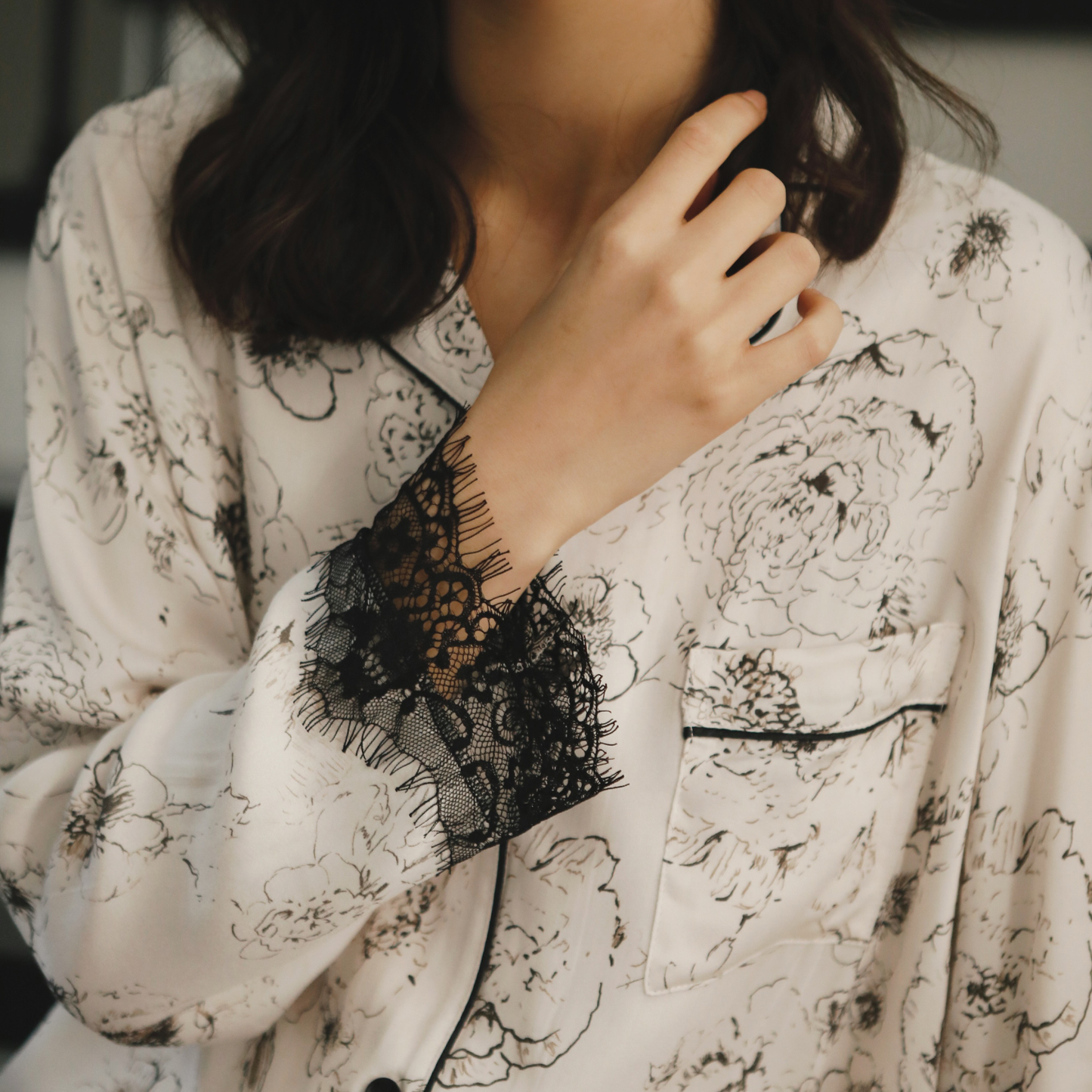 Ink Floral Viscose Pajama Set with Lace Trim