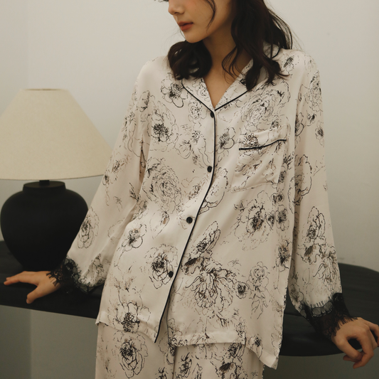 Ink Floral Viscose Pajama Set with Lace Trim