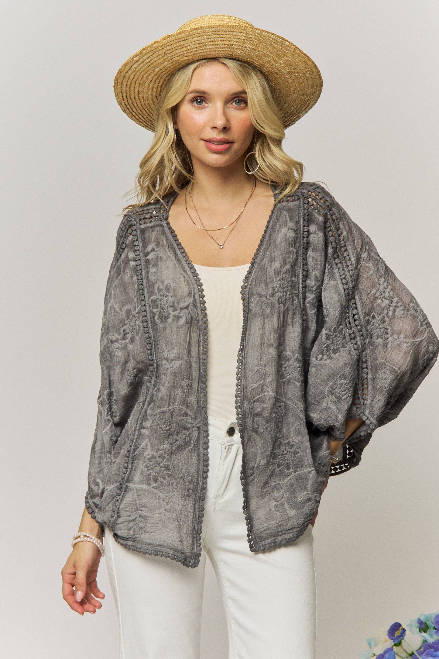 FLORAL EMBROIDERY HEM KIMONO CARDIGAN- LEJ4284