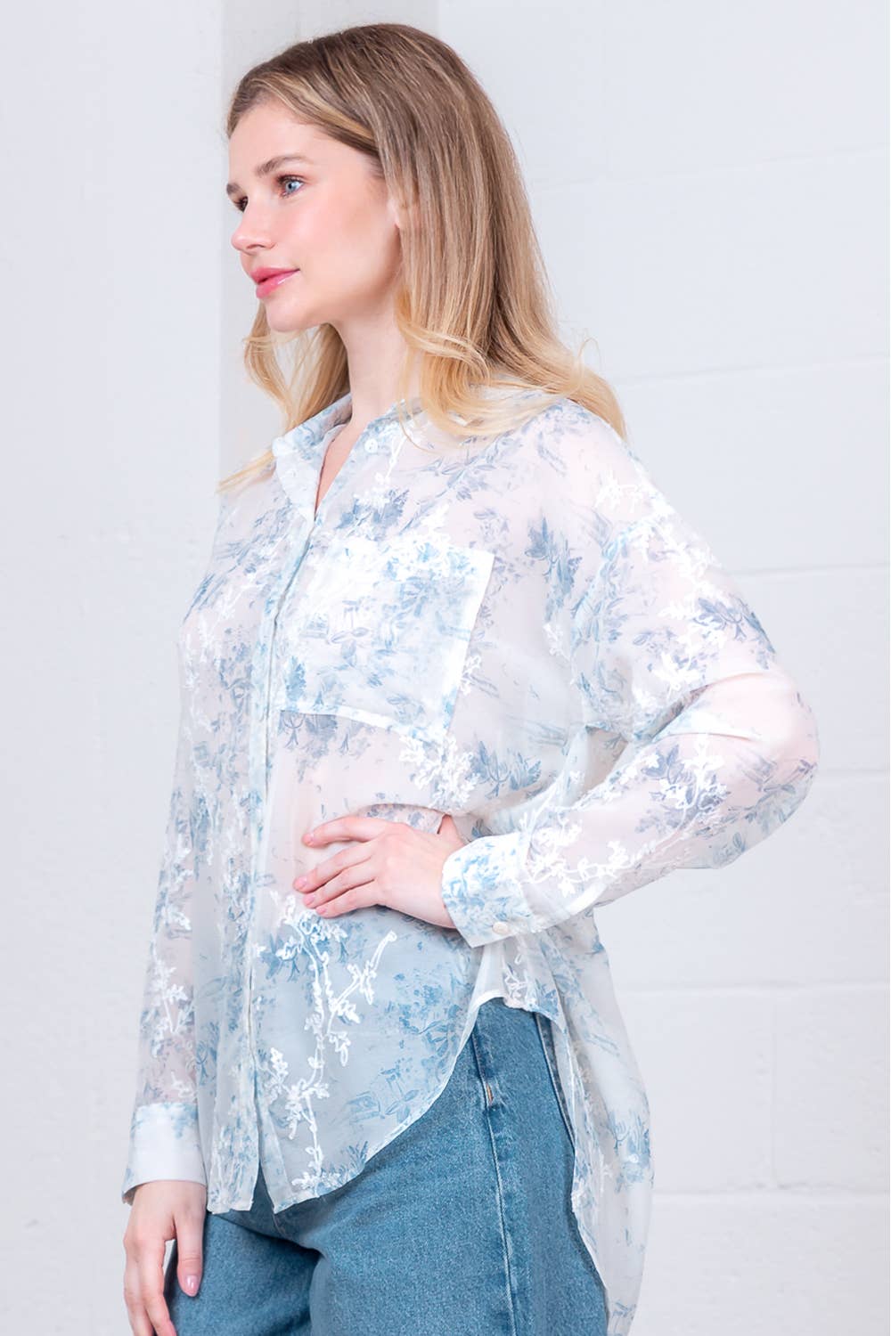 Misty Blue Sheer Button Down