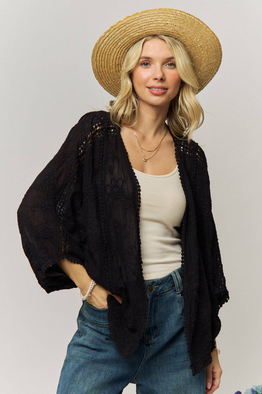 FLORAL EMBROIDERY HEM KIMONO CARDIGAN- LEJ4284