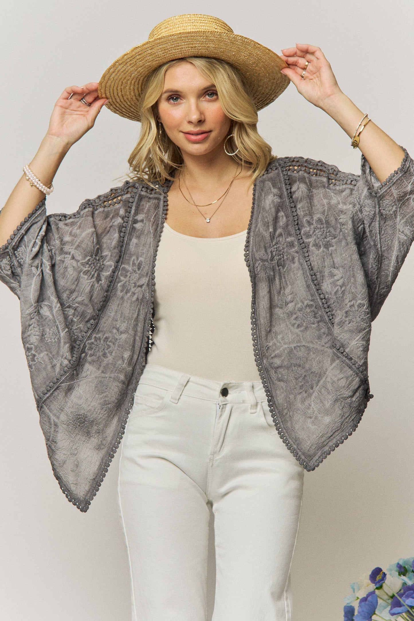 FLORAL EMBROIDERY HEM KIMONO CARDIGAN- LEJ4284