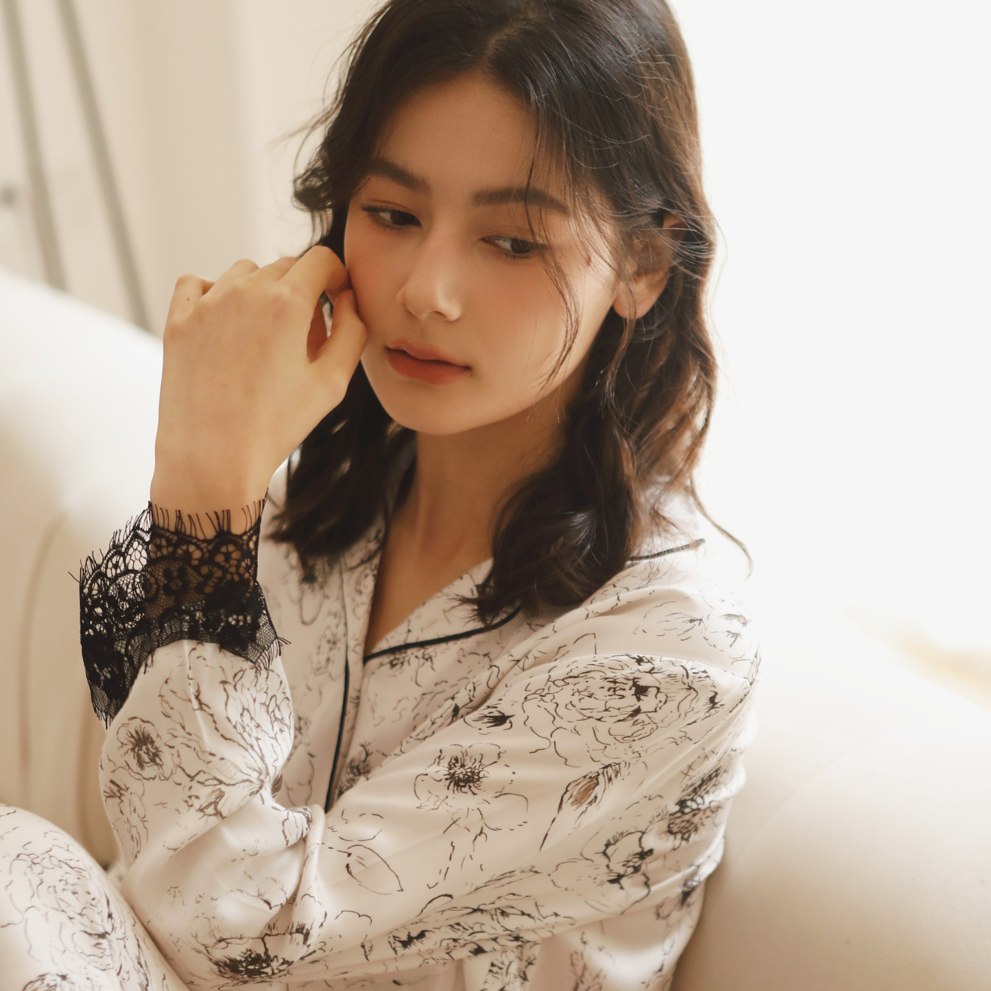 Ink Floral Viscose Pajama Set with Lace Trim
