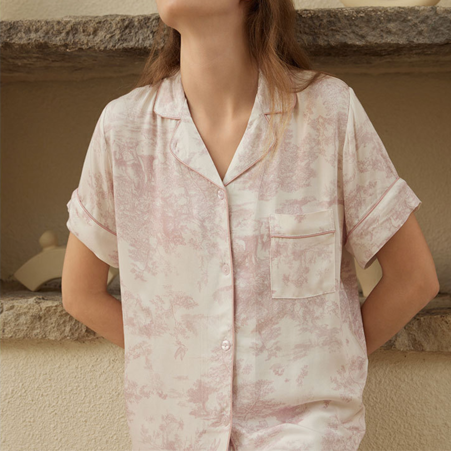 Pink Toile Viscose Pajama Set – Summer Sleepwear